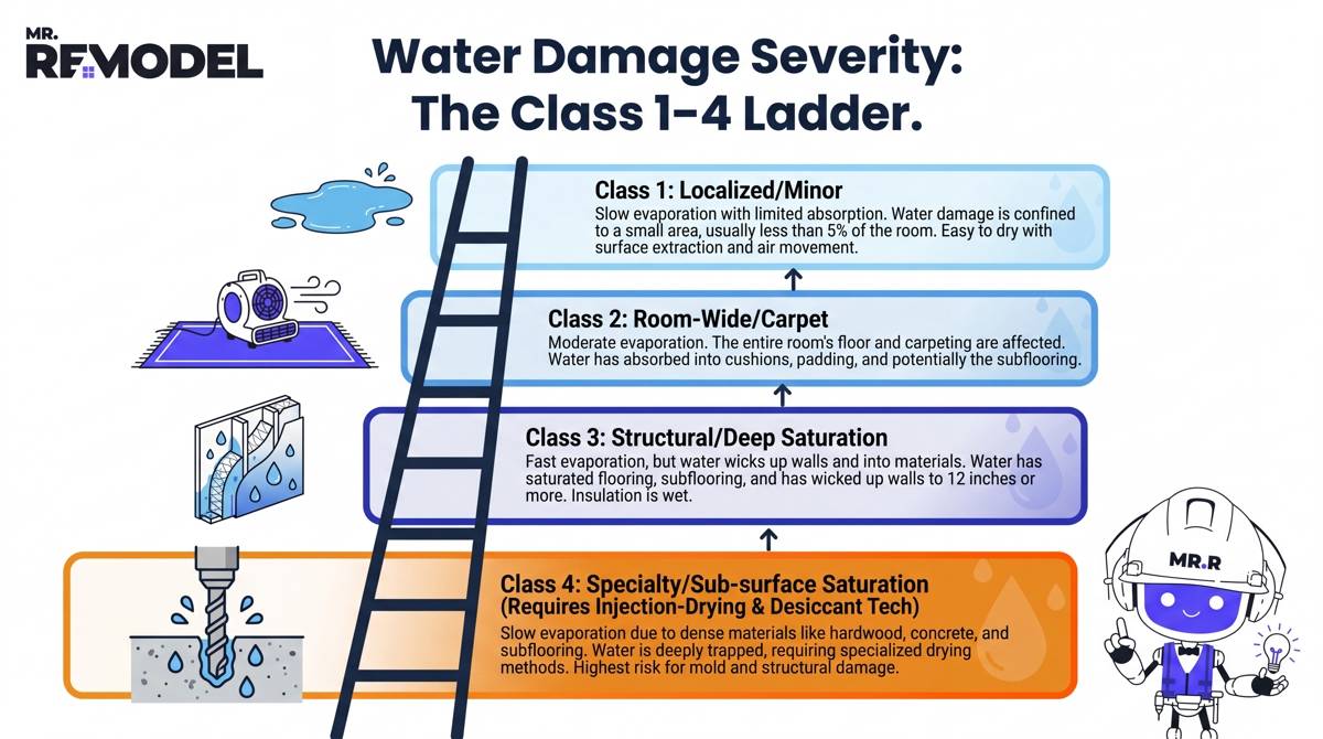 A vertical infographic showing the four tiers. It maps the escalation of energy-demand: Class 1 (Basic/Floor-level) -> Class 2 (Room-level/Carpet) -> Class 3 (Assembly-level/Ceiling-Floor-Walls) -> Class 4 (Specialty-level/Concrete-Brick).